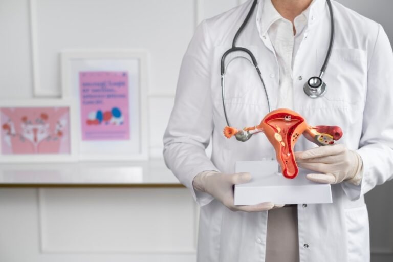 Gynecologist holding a female reproductive system model during a women's health consultation.